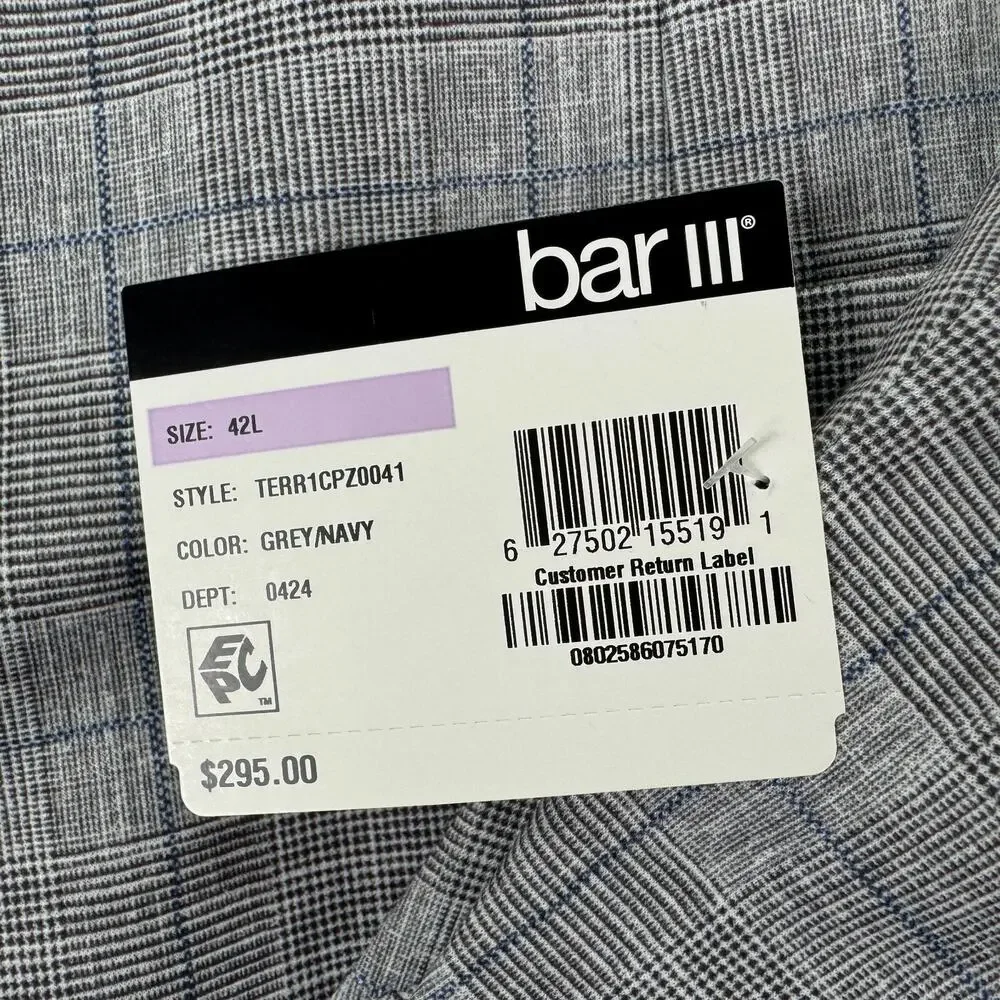 Bar III Mens Slim Fit Knit Stretch Plaid Sport Coat Gray Navy 42L